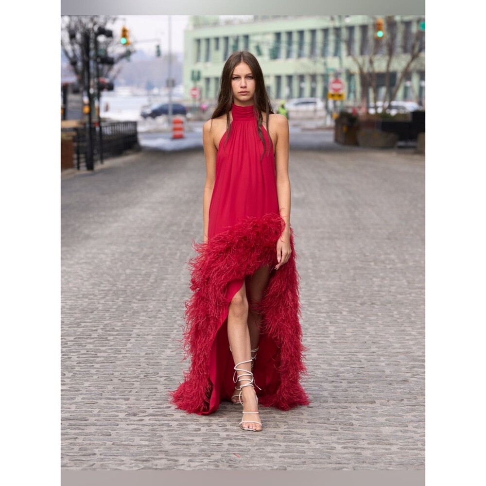🆕 Bronx Banco Madeline Halterneck Red Evening Maxi high-low Gown w feather